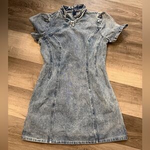 Denim Mini Dress with Puff Sleeves And Pearl Bow